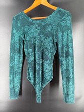 1990s Victoria s Secret Bodysuit Green Size Large Long Sleeve Thong Floral Goth