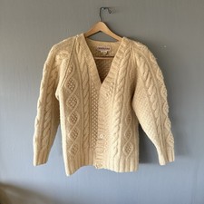 Womens VTG Cardigan Sz LG 100 Shetland Wool Cream Cable Knit Chunky Hand Knit