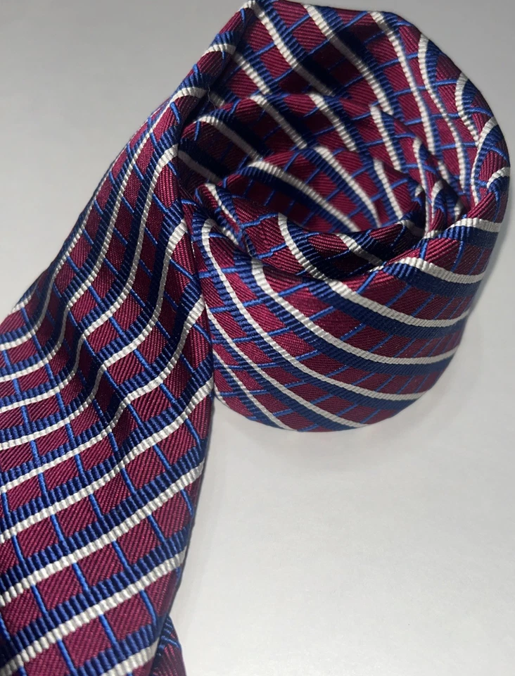 Винтажный мужской галстук Turnbull & Asser London шелк красный с синими белыми диагональными полосками - Изображение 2 из 4