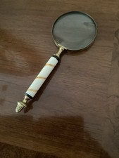Vtg Brass Magnifying Glass Handle White Composition W. Golden Brown Stripe Acorn