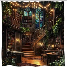 Fantasy Library Magic Castle Forest Bookcase Shower Curtain w/Hooks 70"W x 70"L