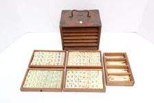 ATQ MAH JONGG SET BONE BAMBOO RARE HAND Carved mahjong THICK TILES Wood- Case-