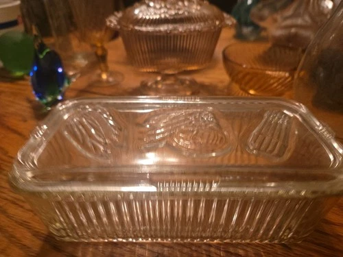 Vtg 1940s Federal Glass Refrigerator Dish Clear Ribbed Embossed Vegetables Lid