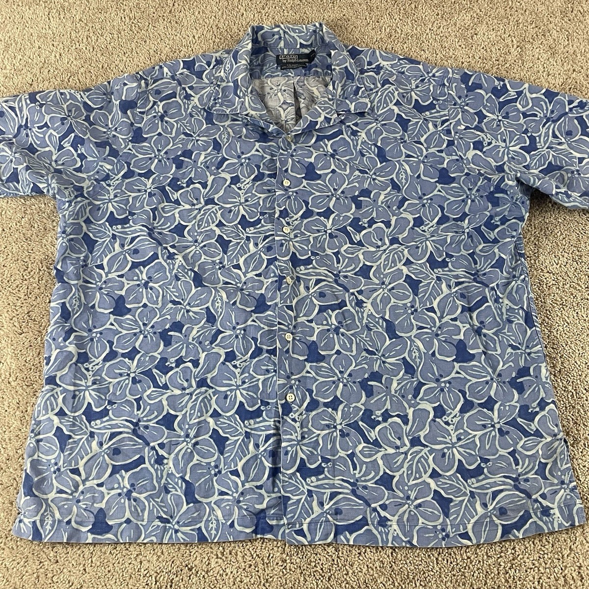 Vintage Polo Ralph Lauren Shirt Men 2XL Blue Linen Hawaiian Camp