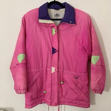Vtg Pro Sports By FERA Women’s Ski Jacket 10 Pink Geometric Zip Snap Button 