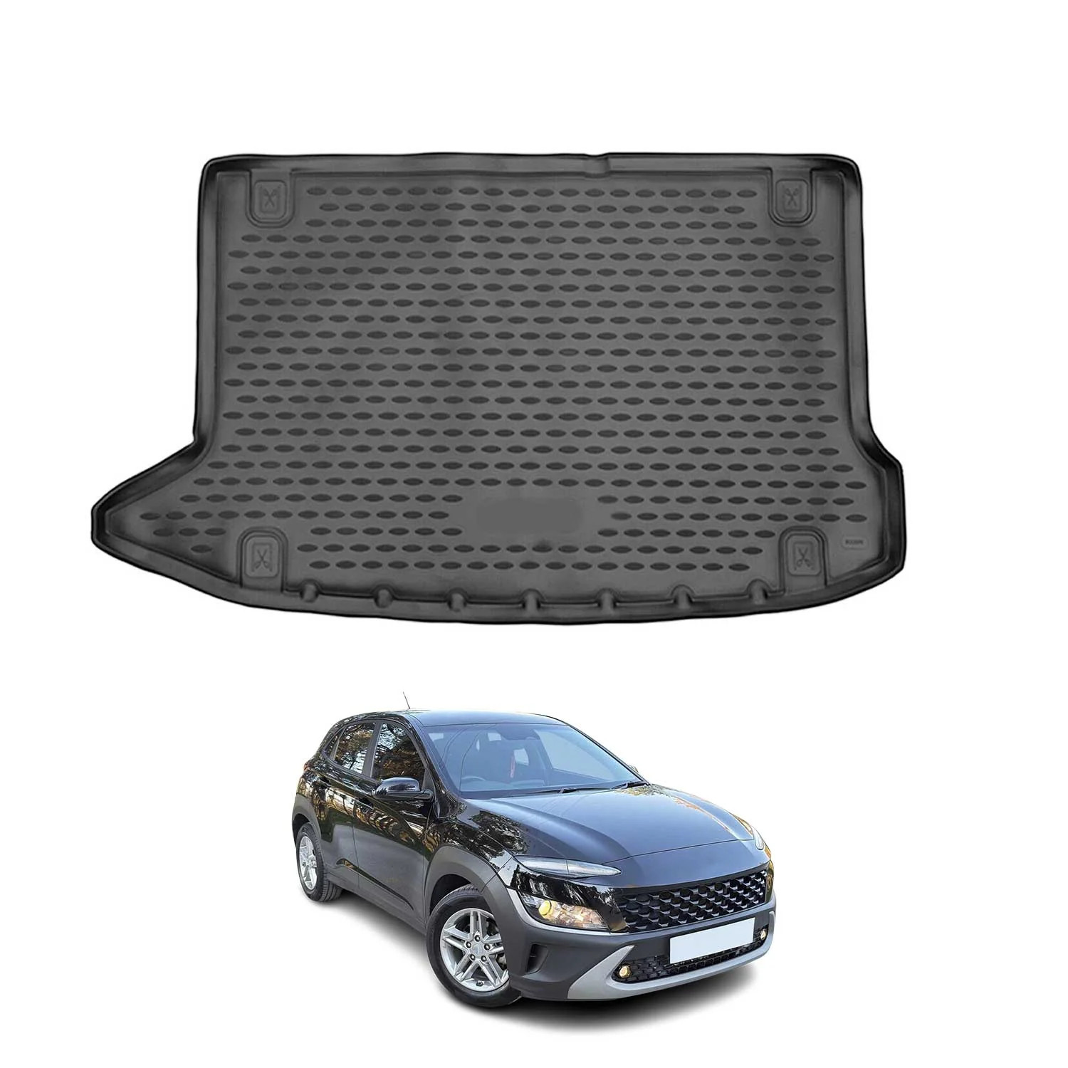 Tapis de coffre premium sur mesure en caoutchouc noir pour Kona 2024