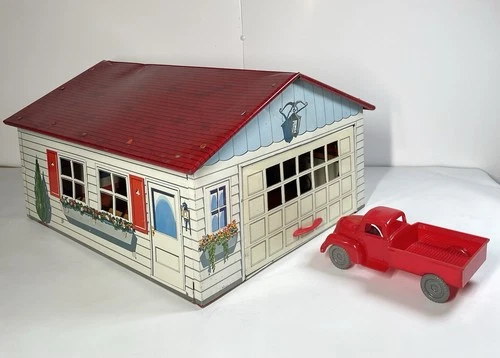Rare Vintage MARX Tin Litho 2 Car Garage With Flip Up Door
