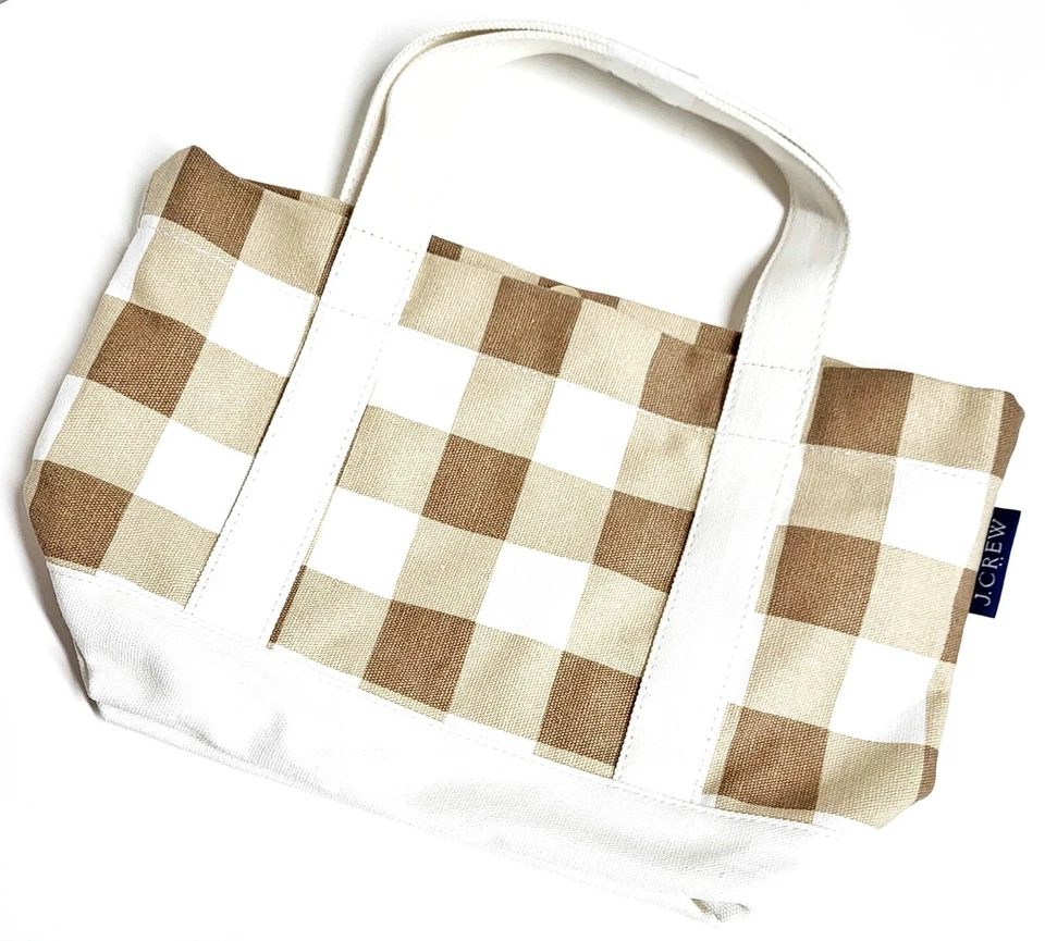 Bolso de Mano J.Crew Factory Mini Lona Estructurada Marfil Camel Algodón a Cuadros Nuevo con Etiquetas Foto 3 de 4
