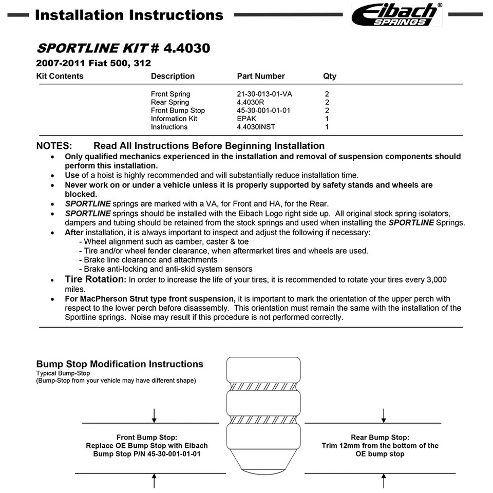 Kit de molas rebaixadoras dianteiras e traseiras Eibach 4.4030 SPORTLINE para 2012-19 Fiat 500 - Imagem 2 de 4