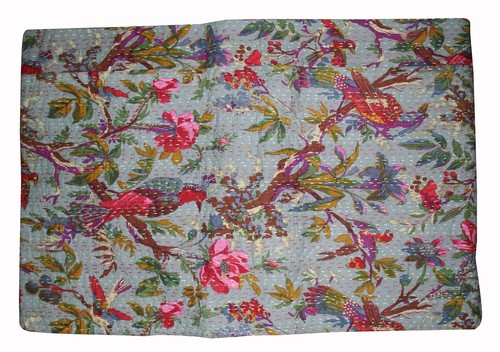 Vintage Hand Made Floral Bird Kantha Quilt Bed Spread Throw Home Decor Boho - Foto 2 di 3