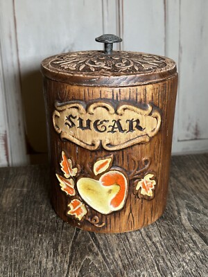 Treasure Craft Sugar Canister Ceramic Wood Pear Apple Fruit Motif USA Vintage