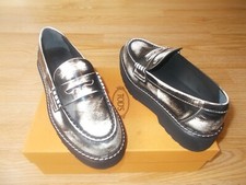  645 Tod's Platform Penny Loafer Brushed Leather Shoes Black White sz 6.5 NEW