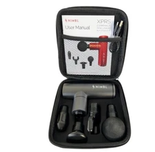 Fabric percussion massager gun kit with 4 speeds, includes 4 black heads.