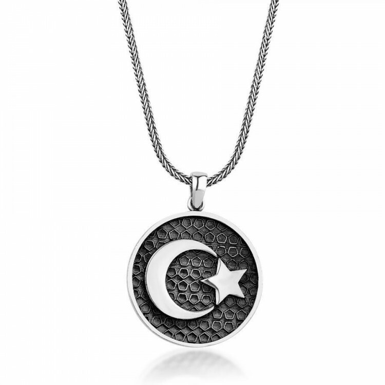Solid 925 Sterling Silver Crescent Moon Star Men's Necklace