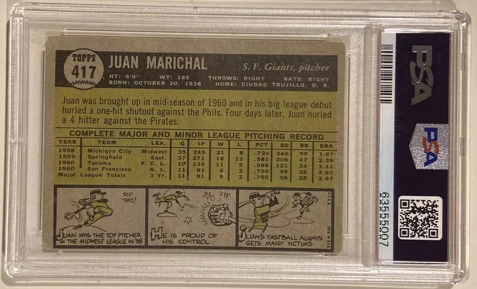Бейсбольная карточка 1961 Topps с автографом дебютанта Хуана Марихала сертифицированная PSA/DNA 10 HOF - Изображение 4 из 4