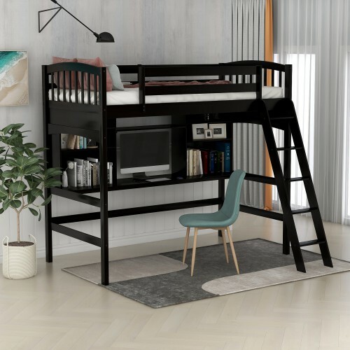 Loft Bunk Bed Over Desk Bookcase Metal Frame Twin Size Bed Shelves