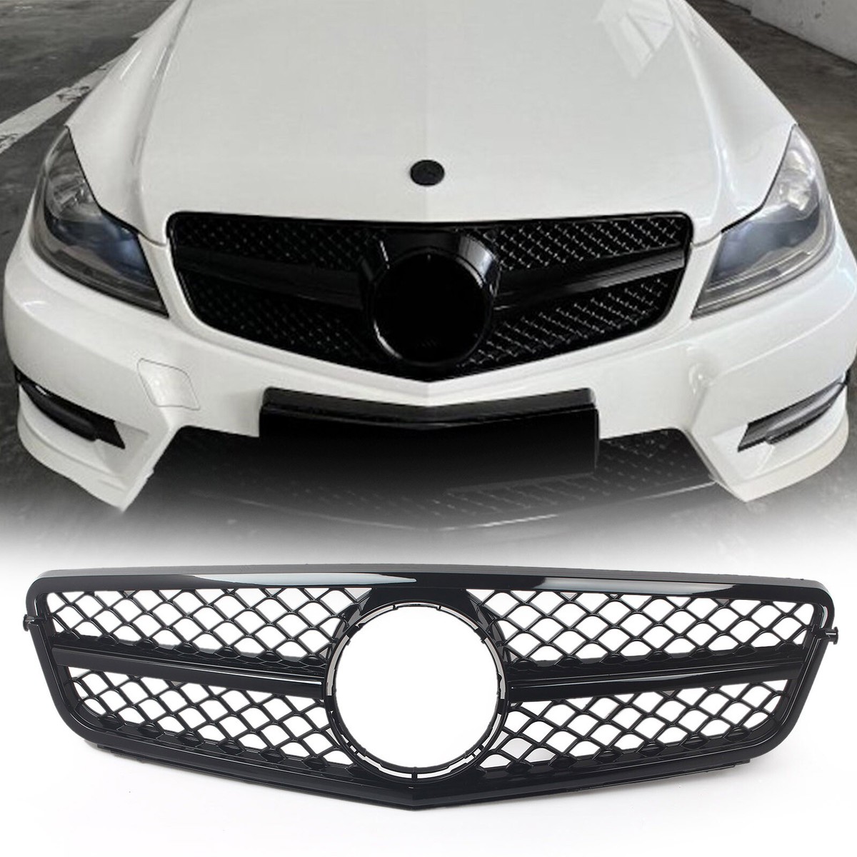 1 Fin Big Mesh Front Grille For Mercedes W204 C250 C300 2012 – PSI, Gloss Black, ABS Plastic, Direct Fit, Taiwan Made