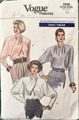 VOGUE 7645 1980’s Pleated Blouse Sewing Pattern. Size 10 - 83 cm Bust.
