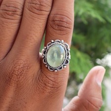 925 Sterling Silver Natural Prehnite Oval Gemstone Ring Boho Ring Handmade Ring