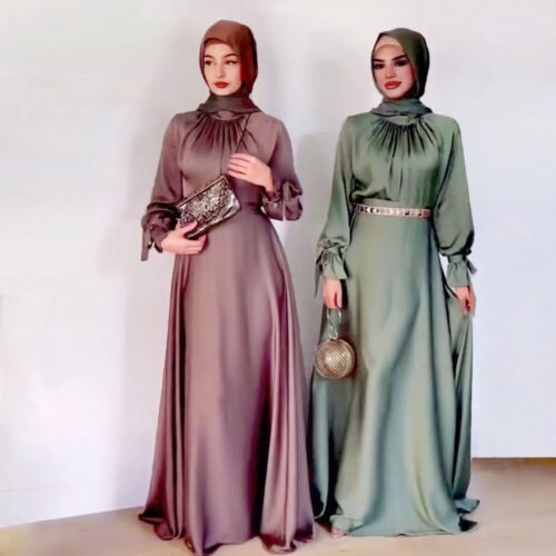 Elegant Satin Bodycon Pleated Maxi Dress Muslim Women Abaya Kaftan Musulman