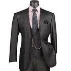 VINCI Men's Black Sharkskin Glen Plaid 3 Piece Classic Fit Suit - NEW