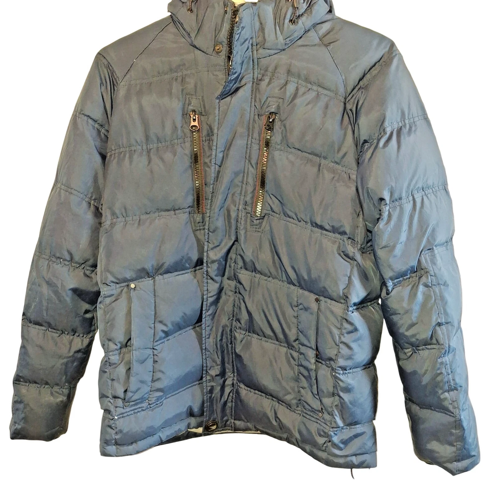 Down Filled Hawke & Co Mens Blue Puffer Jacket With Zipper & Button Closure Hood