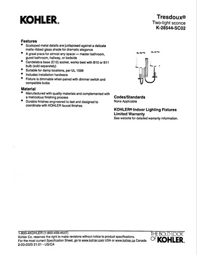 Kohler 2844-SC02-2PL - Tresdoux Two-light Sconce - Polished Brass - Picture 3 of 5