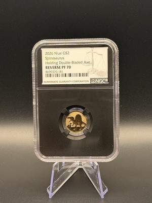 2026 Niue Gold G$2 Spinosaurus Holding Double-Bladed Axe NGC