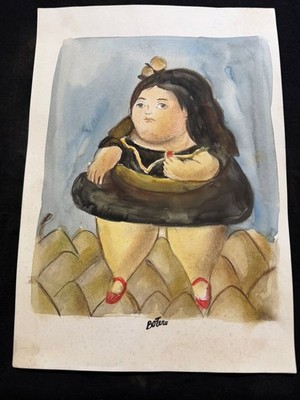 FERNANDO BOTERO  drawing and painting on old paper signed stamped vintage