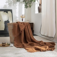 FOSSA Muslin Blanket with Fringe - 4-Layer 100 Cotton Gauze Super Soft  Bre...