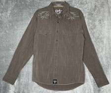 Wrangler Rock 47 Mens Medium Taupe Brown Shirt Embroidered Pearl Snap Western