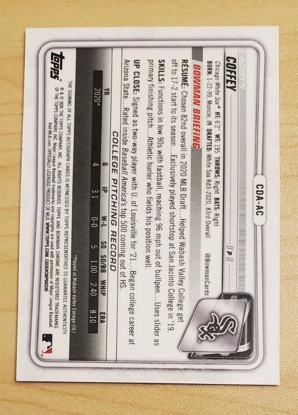 2020 Bowman Draft - Chrome Draft Picks Autographs Adisyn Coffey #CDA-AC (AU, RC) - Image 2 of 2