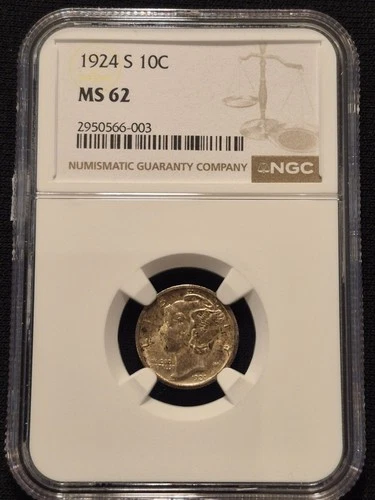 1924-S Mercury Silver Dime Graded by NGC as MS-62