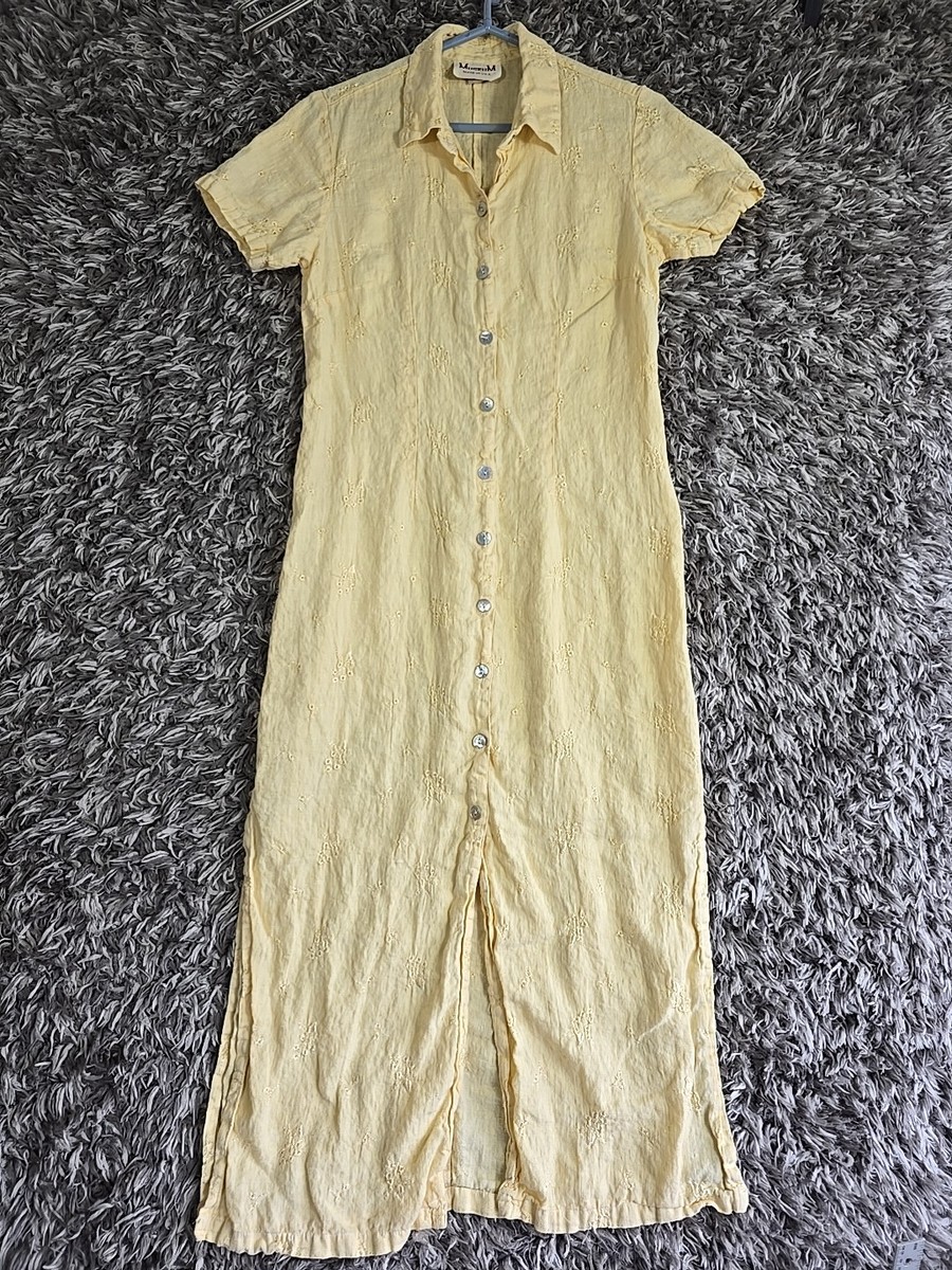VTG Museum USA Yellow Womens Cottagecore 100% Linen Button Down Dress Sz M