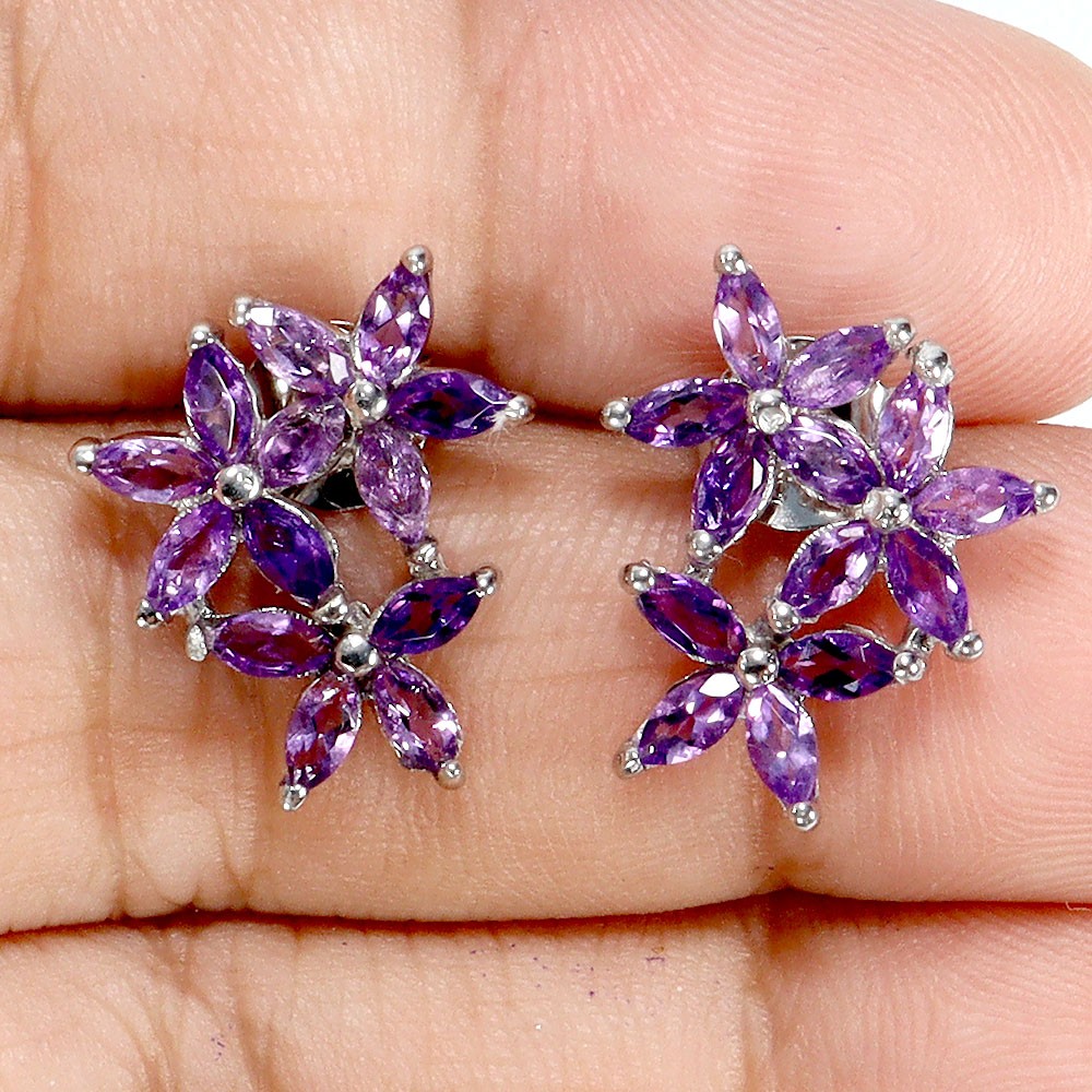 925 Sterling Silver Earrings Marquise Amethyst 4x2mm Natural Gemstone Jewelry