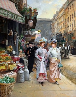 Elegant Women on a Stroll Painting by Basile Lemeunier Reproduction