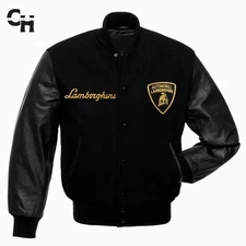 Letterman Lamborghini-Inspired Embroidered Black Leather & Wool Varsity Jacket