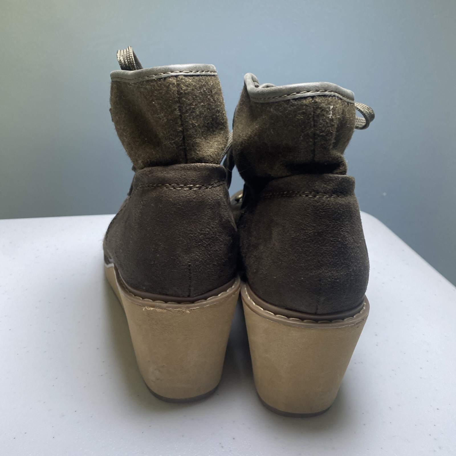 Merona Boots Womens 10 Ankle Bootie Brown Faux Leather Lace Up Wedge Heels