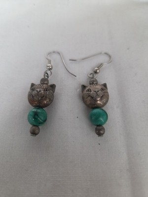 Turquoise Color Beads And Gold Tone Cat  Dangle Earrings Boho Art Nouveau Style