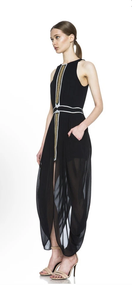 Vestido SASS & BIDE Negro con Bordado Dorado Dobladillo Dividido Columna 36 UK8 Foto 2 de 4