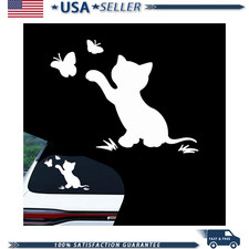 Cat Butterflies Decal, Cute Kitten Play Catching Butterfly Vinyl StiColor: White