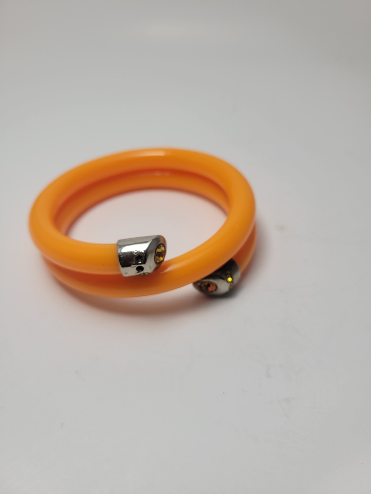 Vintage Orange Lucite Coil Wrap Bracelet Topaz Rhinestone End Caps Silver Tone