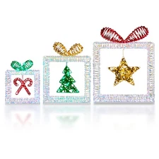 LEADZM Set of 3 Lighted Iridescent Cut-out Gift Box Christmas Decorations,