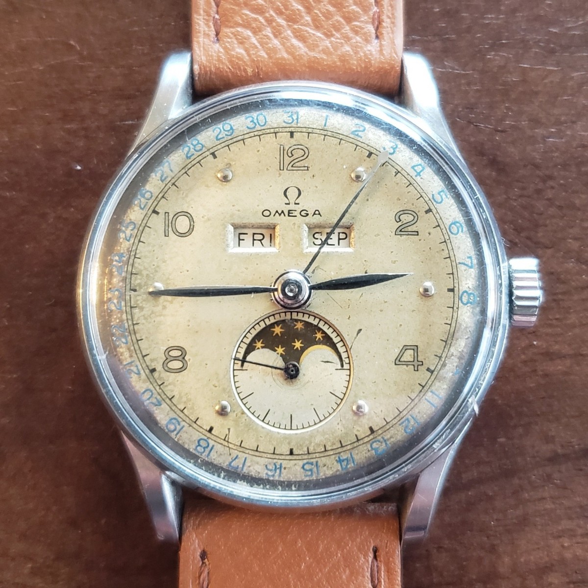 1947 Vintage Omega Cosmic Moonphase Triple Calendar Mechanical