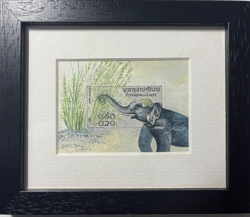Elephant ACEO Original painting, Postage Stamp Art, framed LAOS stamps, elephant