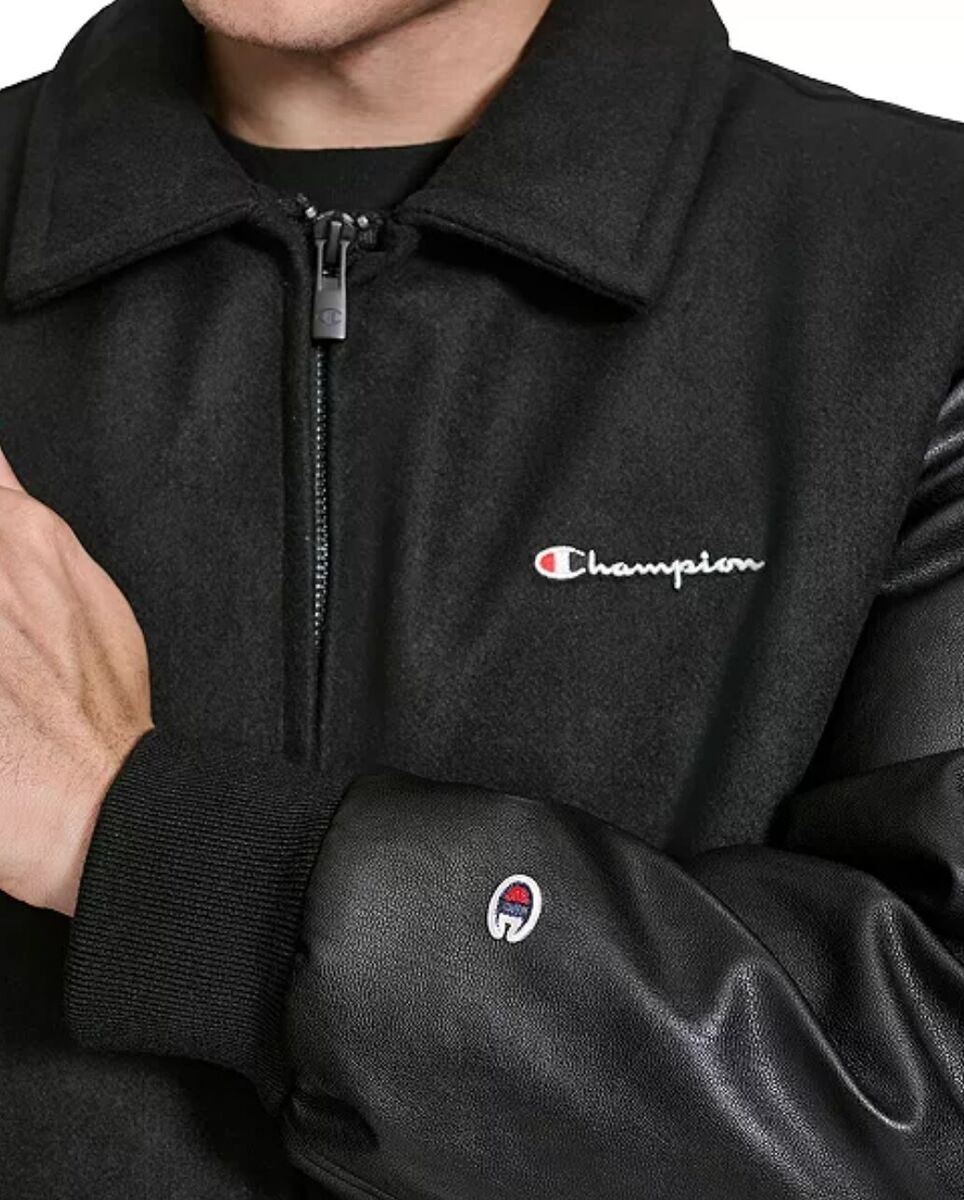 Champion Mixed-Media Logo Zip Men's Black Varsity Jacket New Champion Mixed-Media Logo Zip Men's Black Varsity Jacket New