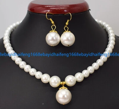 8mm Weiß Muschel Perle Rund Perlen Halskette Ohrring Set 18"（Nicht eine perle） - Bild 1 von 4