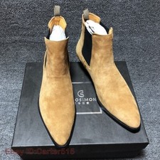 Men's Real Leather British Style Point Toe Ankle Boots Chelsea Cuban Heel Shoes