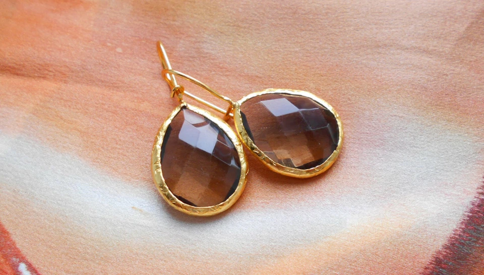 Ohrhänger Rauchquarz braun Messing vergoldet + Geschenkbox IFE28N smoky Quartz
