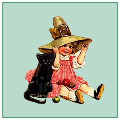 Halloween Frances Brundage Girl  Big Hat Black Cat Counted Cross Stitch Pattern